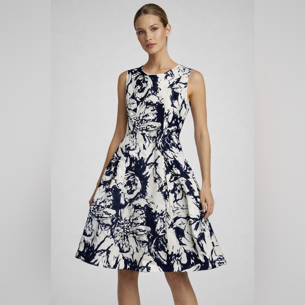 NWT Carmen Marc Valvo Formal Ivory/Midnite Floral Midi Dress